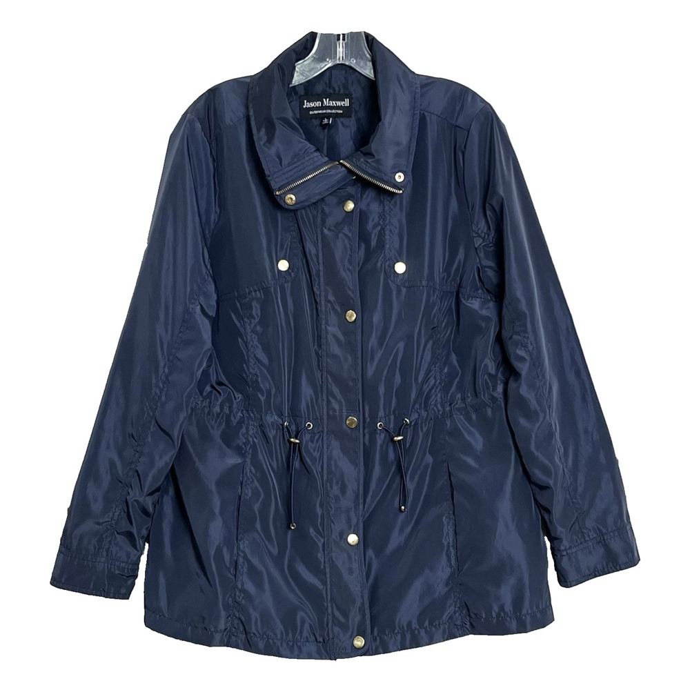 Jason Maxwell Women's Windbreaker Jacket L Blue Full Zip Snaps Polyester Satin